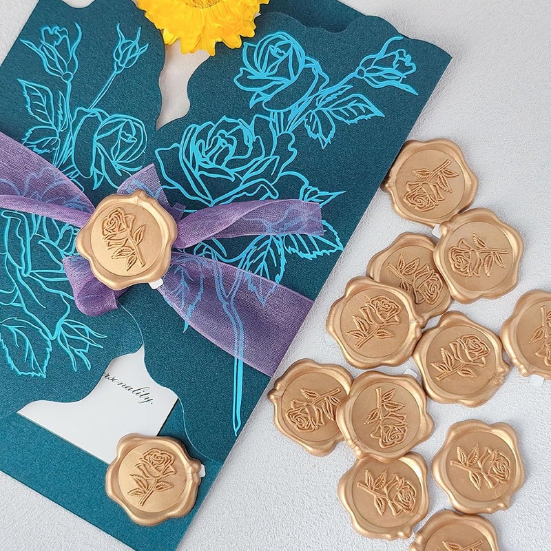 Pilloze Wax Seal Stickers - 3D Rose Wedding Invitation Envelope Botanical Seal Stickers, 50 Pcs Self- Adhesive Light Gold Stickers, Perfect for Invitation, Christmas, Gift Wrapping, Wedding, Party - Image 5